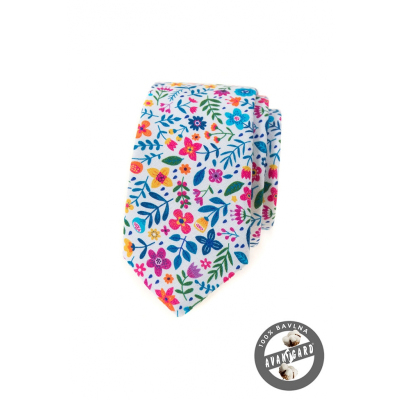 Bílá slim kravata s barevnými květy