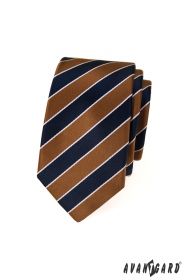 Modro-hnědá pruhovaná úzká kravata