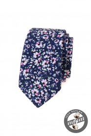 Tmavě modrá slim kravata s růžovými květy