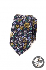 Tmavě fialová slim kravata s barevnými květy