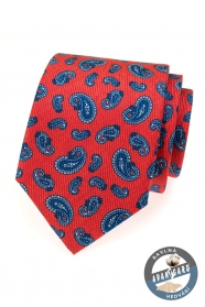 Červená hedvábná kravata s modrými paisley motivy