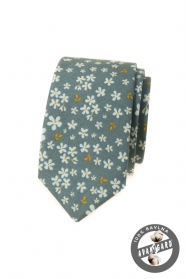 Olivově zelená slim kravata s květinovým vzorem
