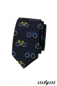 Modrá úzká kravata, vzor barevné jízdní kolo