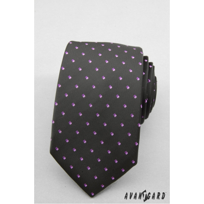 Černá kravata slim s fialovými čtverečky