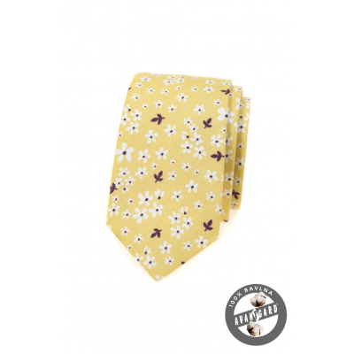 Žlutá bavlněná Slim kravata s bílými květy