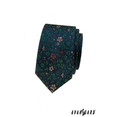 Modrá úzká kravata s barevnými květy