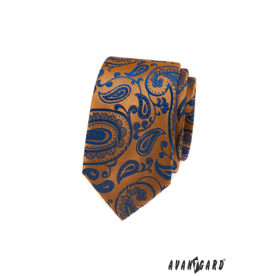 Oranžová kravata s modrým Paisley vzorem