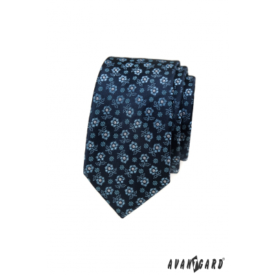 Modrá slim kravata s květinovým vzorem