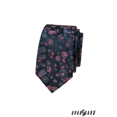 Modrá slim kravata s růžovým vzorem