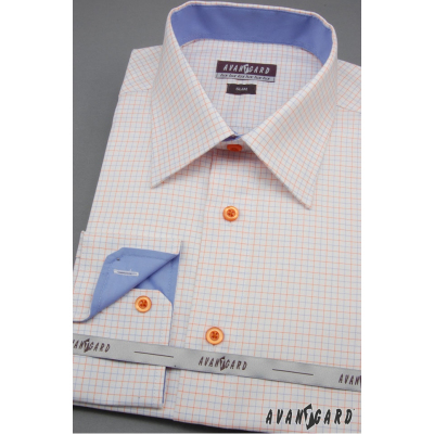 Bílá pánská košile slim s modrými a oranžovými doplňky