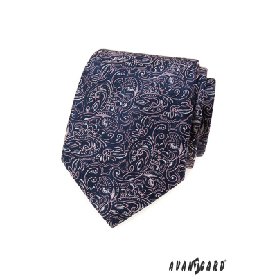 Tmavě modrá kravata s paisley v růžové