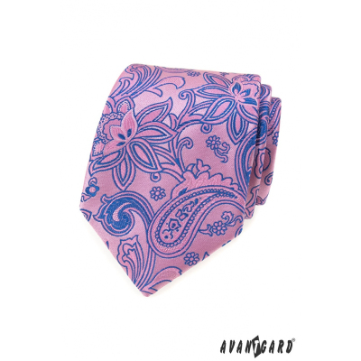 Růžová kravata s modrým Paisley vzorem