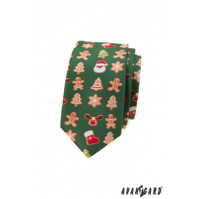 Zelená slim kravata s vánočním motivem