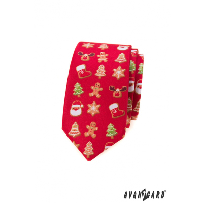 Červená slim kravata s vánočním motivem