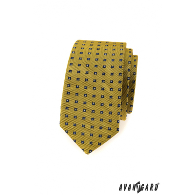 Tmavě žlutá slim kravata s modrým vzorem