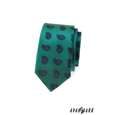 Zelená kravata slim modrý Paisley motiv