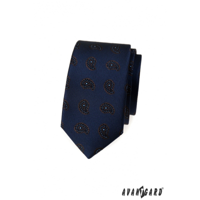Modrá slim kravata s malým paisley vzorem