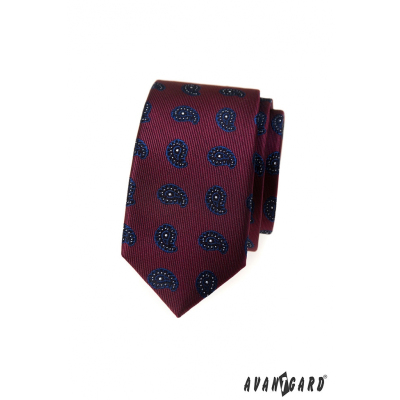 Bordó slim kravata s malým paisley vzorem