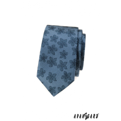 Modrá slim kravata s tmavým květinovým vzorem
