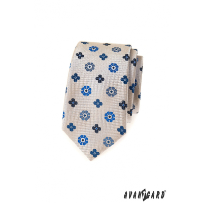 Béžová slim kravata s modrým vzorem
