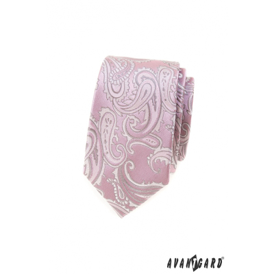 Růžová slim kravata s paisley motivem