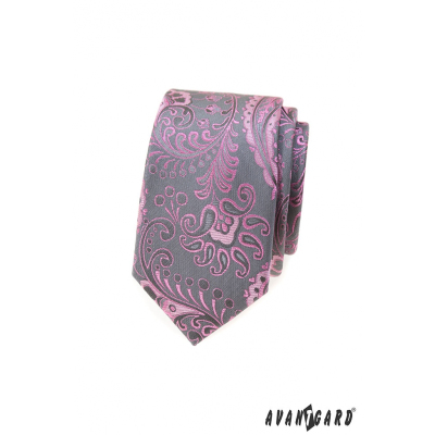 Šedá slim kravata s růžovým paisley vzorem