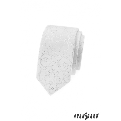 Bílá slim kravata se stříbrnými ornamenty