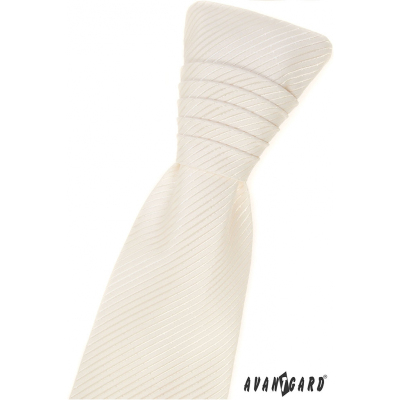 Francouzská kravata smetanové barvy s pruhovanou strukturou a kapesníčkem