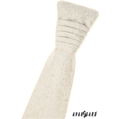Francouzská kravata smetanové barvy s kapesníček - stříbrný vzor