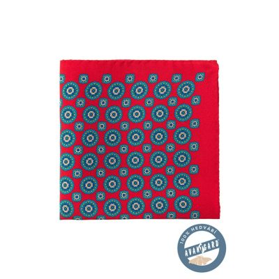 Červený hedvábný kapesníček s modrým vzorem