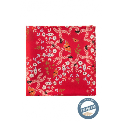 Hedvábný kapesník s květinovým a motýlovým vzorem - červená