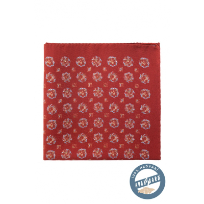 Cihlově červený hedvábný pánský kapesníček květovaný
