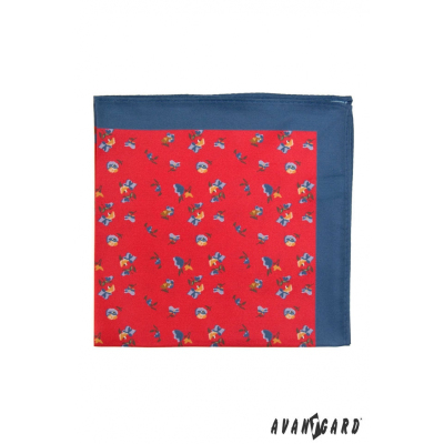 Červený pánský kapesníček s modrým okrajem drobné květy