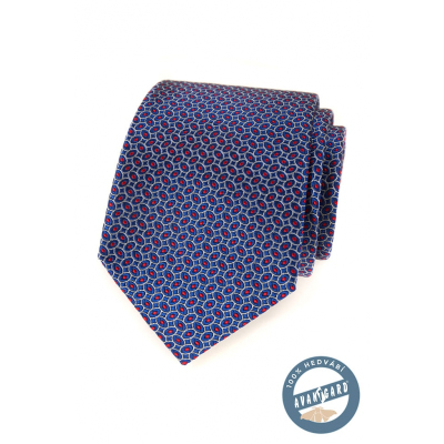 Modrá hedvábná kravata s červeným vzorem