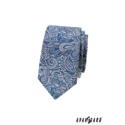 Modrá slim kravata s paisley vzorem