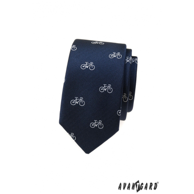 Modrá slim kravata bílým motiv jízdní kolo