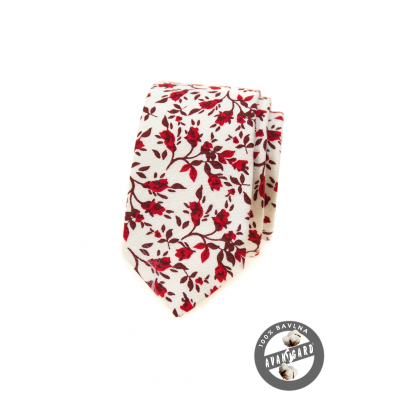 Bílá slim kravata s červenými květy