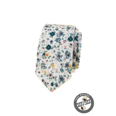Bílá slim kravata s barevnými lučními květy