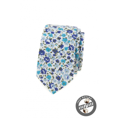 Bavlněná slim kravata s modrými květy