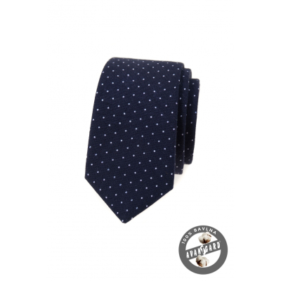 Modrá bavlněná slim kravata s bílými puntíky