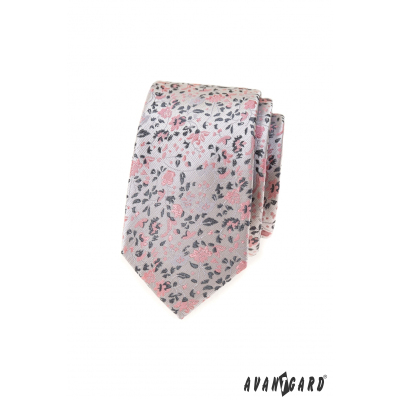 Luxusní šedá slim kravata s růžovým vzorem