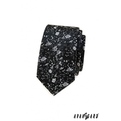 Černá slim kravata s květinovým vzorem
