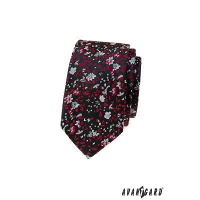 Černá slim kravata s červeno-šedým vzorem