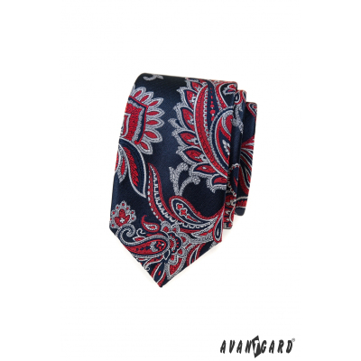 Modrá kravata slim s červeným Paisley vzorem