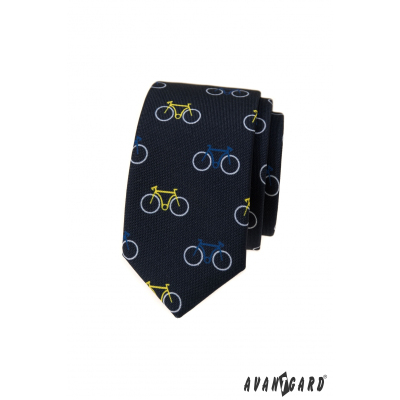 Modrá úzká kravata, vzor barevné jízdní kolo