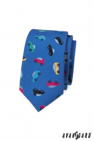 Modrá slim kravata s barevnými autíčky