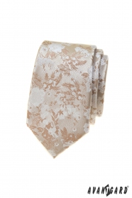 Béžová slim kravata s jemným květinovým vzorem