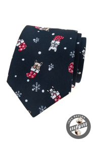Tmavě modrá vánoční kravata s buldočkem