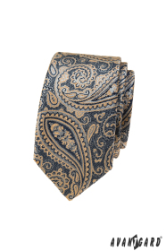 Modrá slim kravata s béžovým paisley motivem