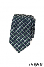 Modrá slim kravata, bílé a zelené pruhy